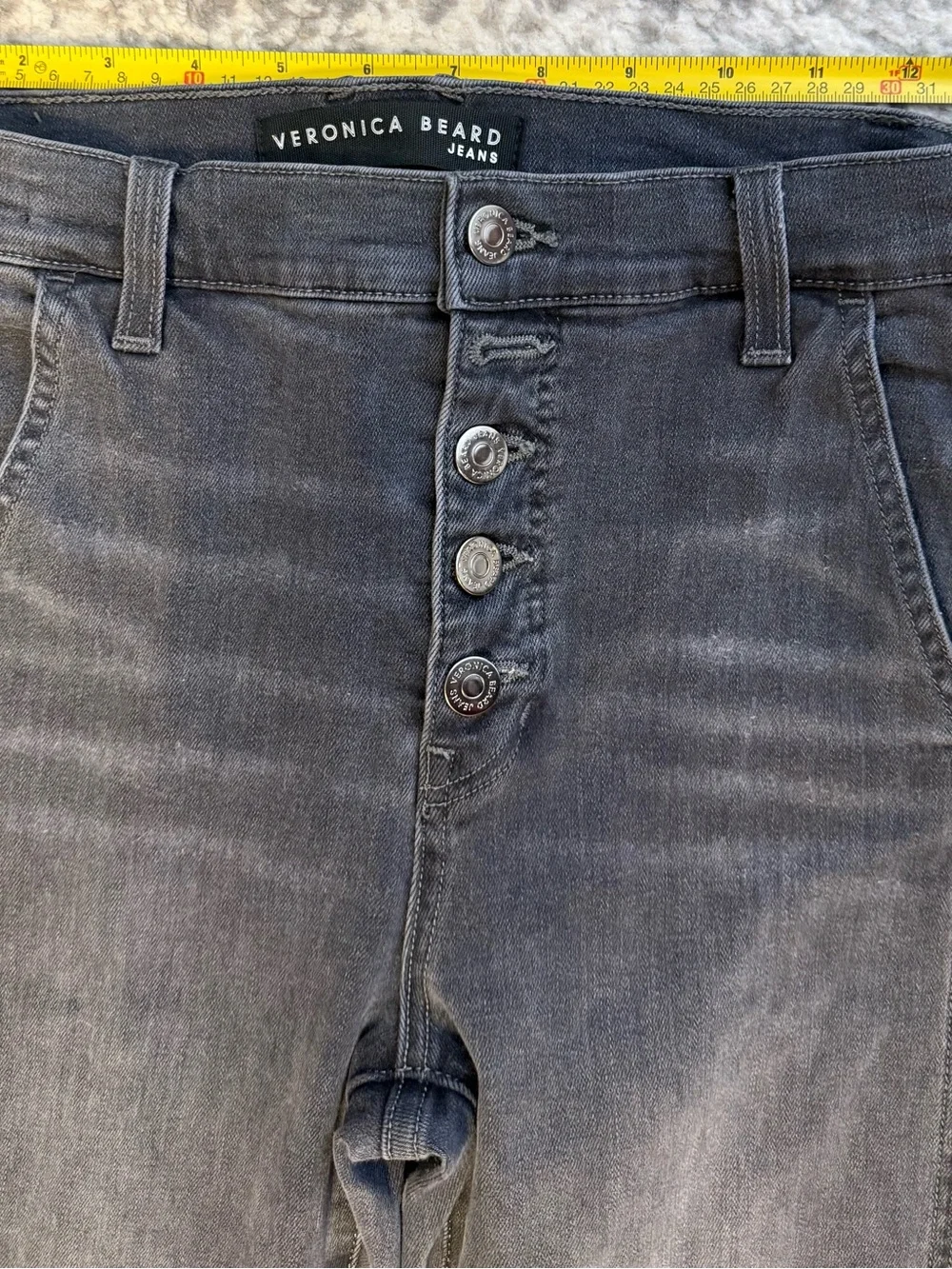 Veronica Beard Beverly Skinny Flare High Rise Jeans Size 27 Charcoal Gray Button